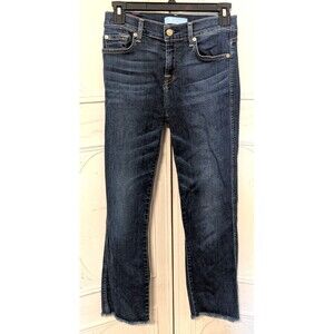 7 For All Mankind Women Cropped Jeans Blue Dark Wash Whiskered Fray Cuff Sz 25